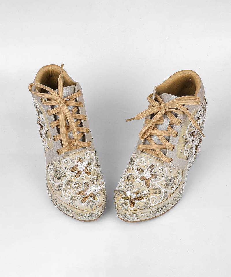 Gold synthetic embroidered casual shoes