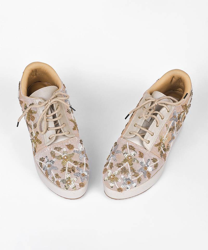 Gold synthetic embroidered casual shoes