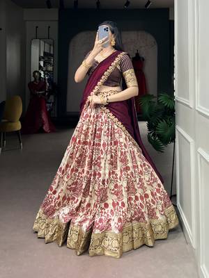 Women's Tussar Silk Floral Kalamkari Printed Lehenga Choli with Embroidered Border Dupatta 1