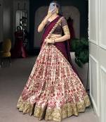 Women's Tussar Silk Floral Kalamkari Printed Lehenga Choli with Embroidered Border Dupatta