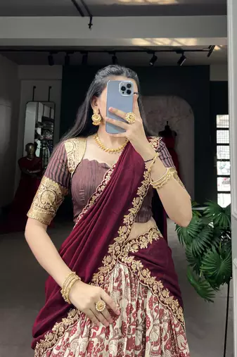 Women's Tussar Silk Floral Kalamkari Printed Lehenga Choli with Embroidered Border Dupatta