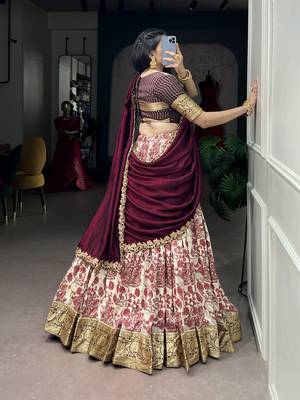Women's Tussar Silk Floral Kalamkari Printed Lehenga Choli with Embroidered Border Dupatta 3