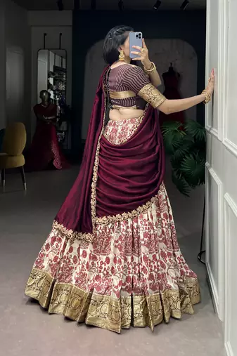 Women's Tussar Silk Floral Kalamkari Printed Lehenga Choli with Embroidered Border Dupatta