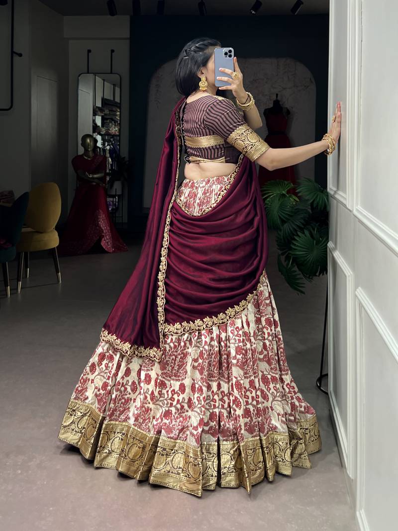 Women's Tussar Silk Floral Kalamkari Printed Lehenga Choli with Embroidered Border Dupatta