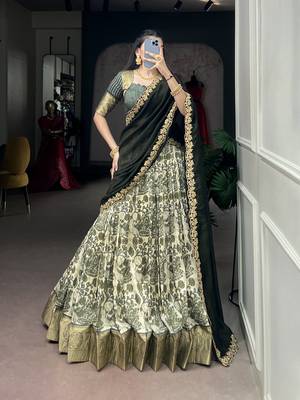 Women's Tussar Silk Floral Kalamkari Printed Lehenga Choli with Embroidered Border Dupatta 1