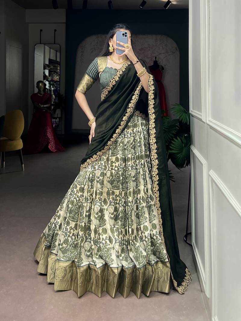 Women's Tussar Silk Floral Kalamkari Printed Lehenga Choli with Embroidered Border Dupatta