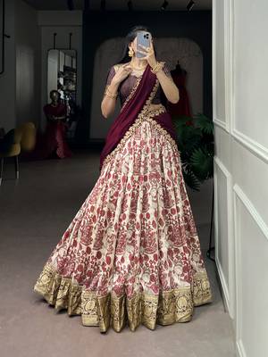 Women's Tussar Silk Floral Kalamkari Printed Lehenga Choli with Embroidered Border Dupatta 4