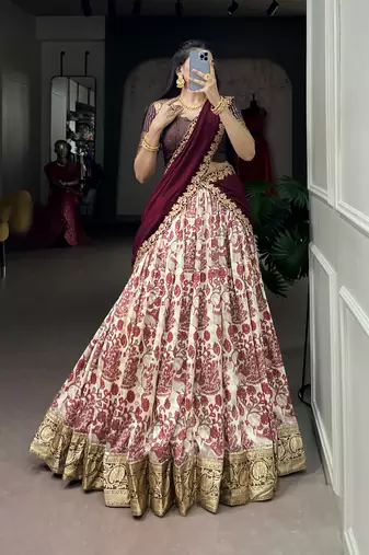 Women's Tussar Silk Floral Kalamkari Printed Lehenga Choli with Embroidered Border Dupatta
