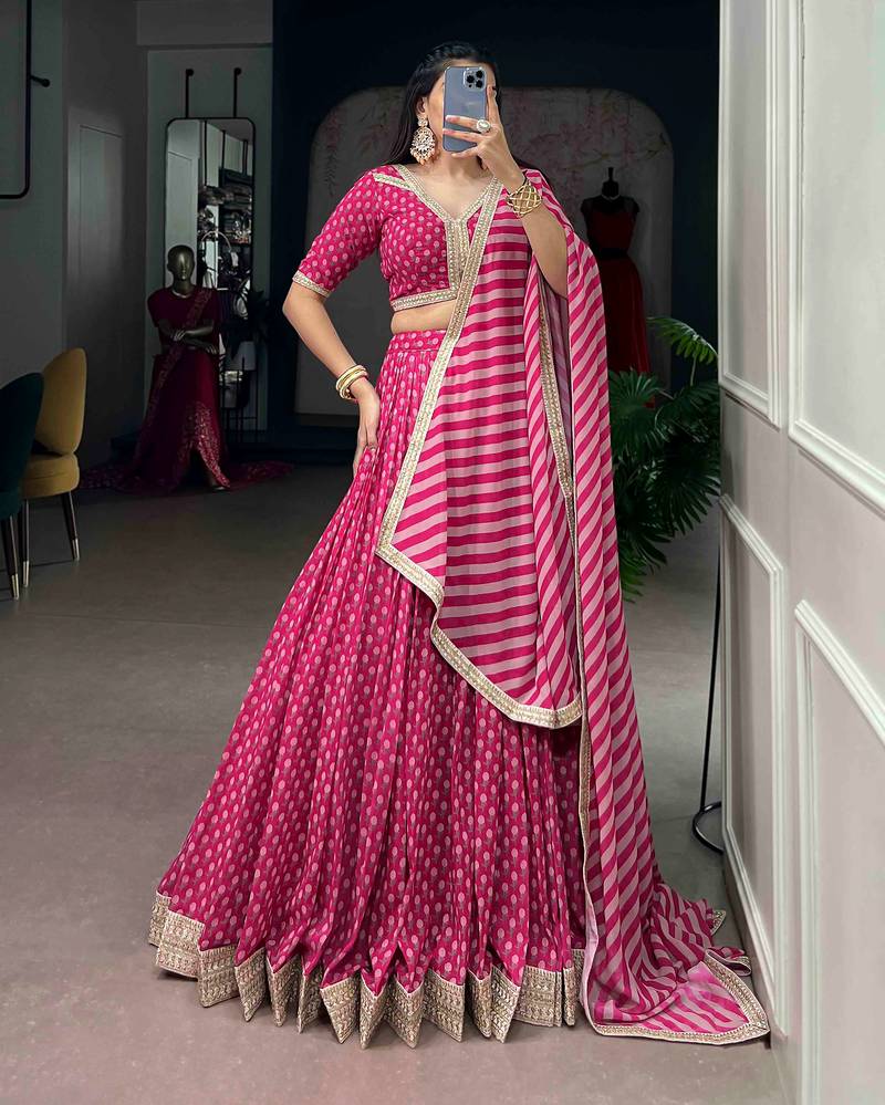 Women's Rani Pink Georgette Sequins Embroidered Lehenga Choli