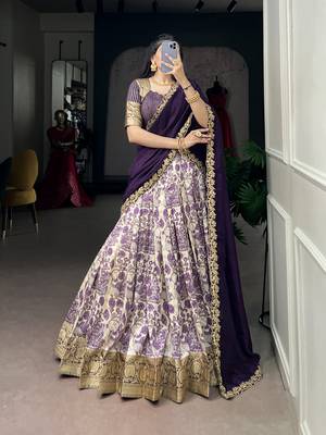 Women's Tussar Silk Floral Kalamkari Printed Lehenga Choli with Embroidered Border Dupatta 1
