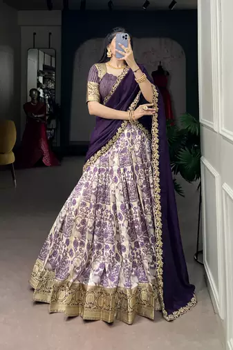 Women's Tussar Silk Floral Kalamkari Printed Lehenga Choli with Embroidered Border Dupatta