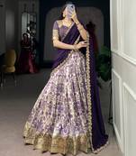 Women's Tussar Silk Floral Kalamkari Printed Lehenga Choli with Embroidered Border Dupatta