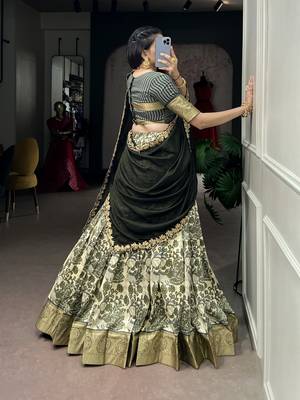 Women's Tussar Silk Floral Kalamkari Printed Lehenga Choli with Embroidered Border Dupatta 3