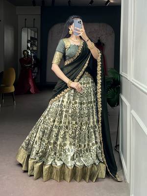 Women's Tussar Silk Floral Kalamkari Printed Lehenga Choli with Embroidered Border Dupatta 4