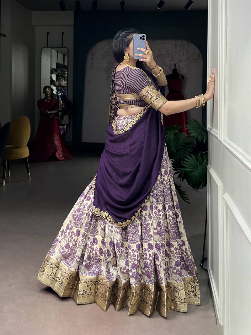 Women's Tussar Silk Floral Kalamkari Printed Lehenga Choli with Embroidered Border Dupatta