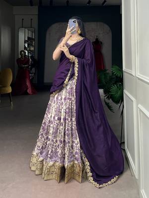 Women's Tussar Silk Floral Kalamkari Printed Lehenga Choli with Embroidered Border Dupatta 4