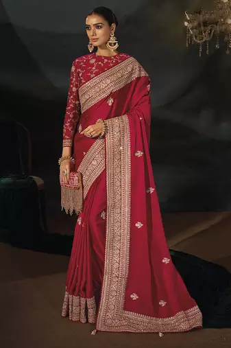 red viscose saree with jari sequence and cut dana heavy hand work