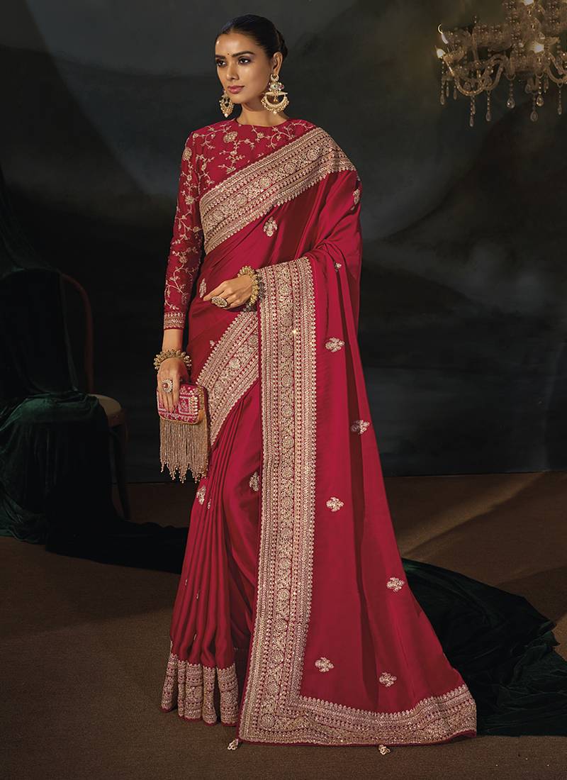 red viscose saree with jari sequence and cut dana heavy hand work