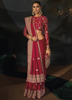red viscose saree with jari sequence and cut dana heavy hand work 2