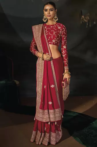 red viscose saree with jari sequence and cut dana heavy hand work