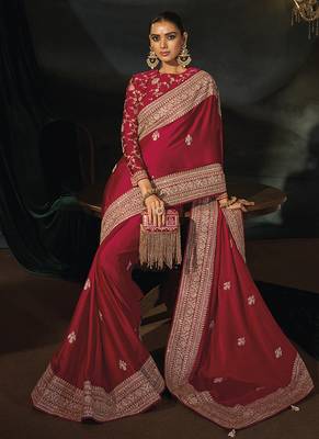 red viscose saree with jari sequence and cut dana heavy hand work 3