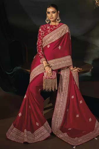 red viscose saree with jari sequence and cut dana heavy hand work