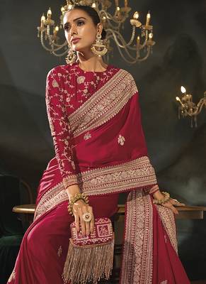 red viscose saree with jari sequence and cut dana heavy hand work 4