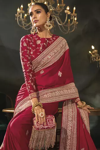 red viscose saree with jari sequence and cut dana heavy hand work