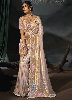 cream madhurai silk blend saree with jari thread sequence cut dana and moti heavy hand work 1