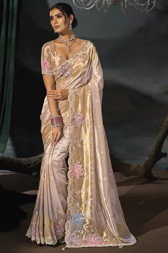 cream madhurai silk blend saree with jari thread sequence cut dana and moti heavy hand work