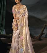 cream madhurai silk blend saree with jari thread sequence cut dana and moti heavy hand work