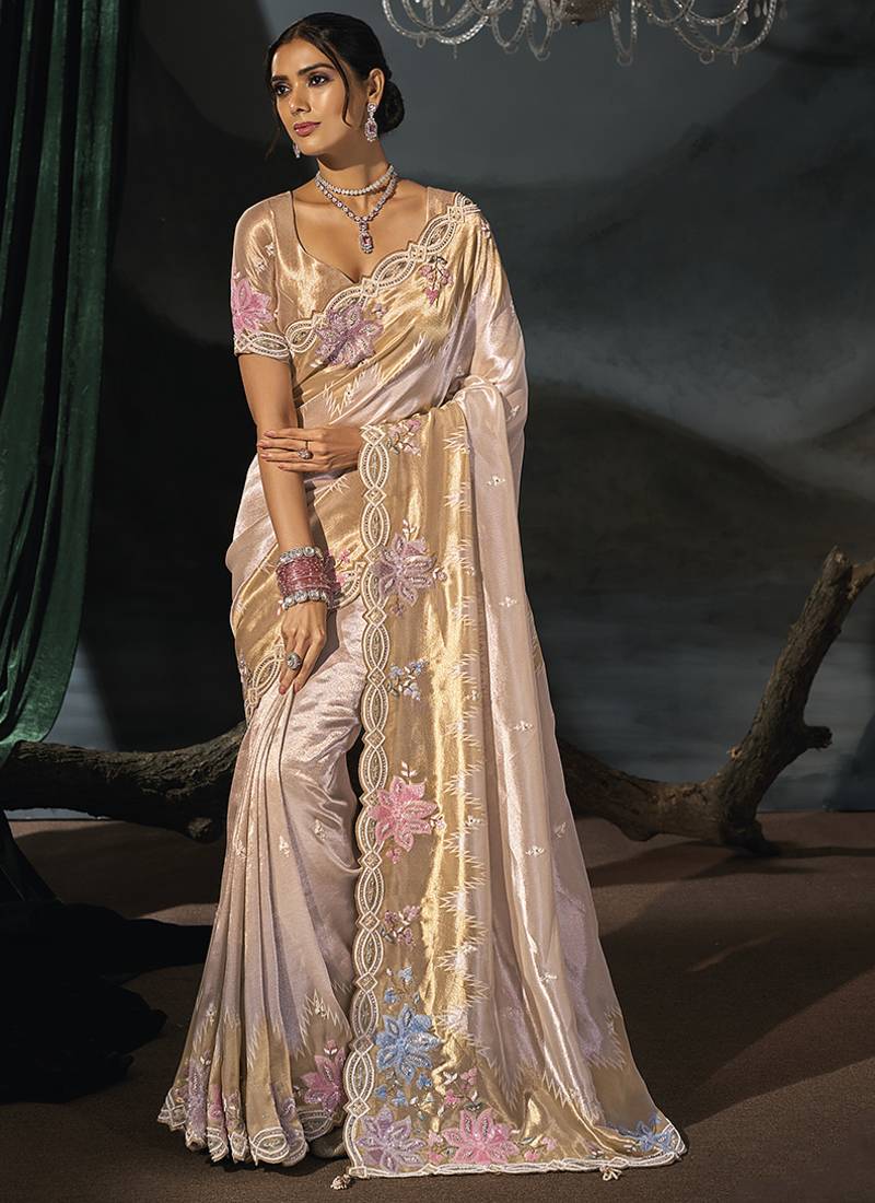 cream madhurai silk blend saree with jari thread sequence cut dana and moti heavy hand work