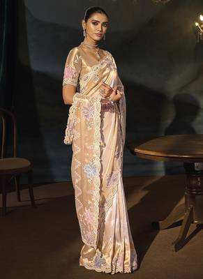 cream madhurai silk blend saree with jari thread sequence cut dana and moti heavy hand work 2