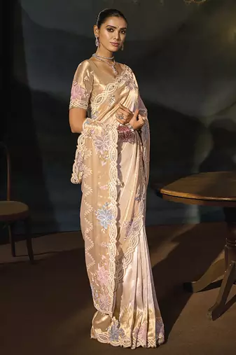 cream madhurai silk blend saree with jari thread sequence cut dana and moti heavy hand work