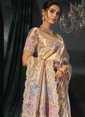 cream madhurai silk blend saree with jari thread sequence cut dana and moti heavy hand work 3