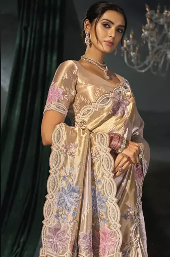 cream madhurai silk blend saree with jari thread sequence cut dana and moti heavy hand work