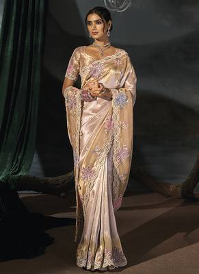 cream madhurai silk blend saree with jari thread sequence cut dana and moti heavy hand work 4