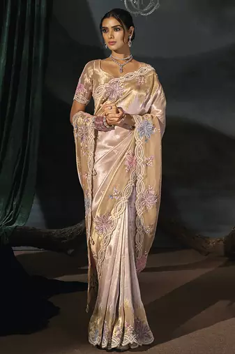 cream madhurai silk blend saree with jari thread sequence cut dana and moti heavy hand work