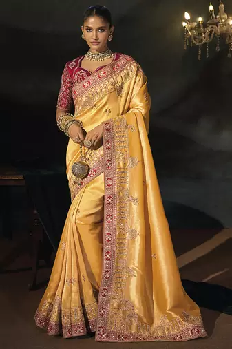 mustard madhurai silk blend saree with jari thread cut dana and moti heavy hand work