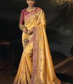 mustard madhurai silk blend saree with jari thread cut dana and moti heavy hand work