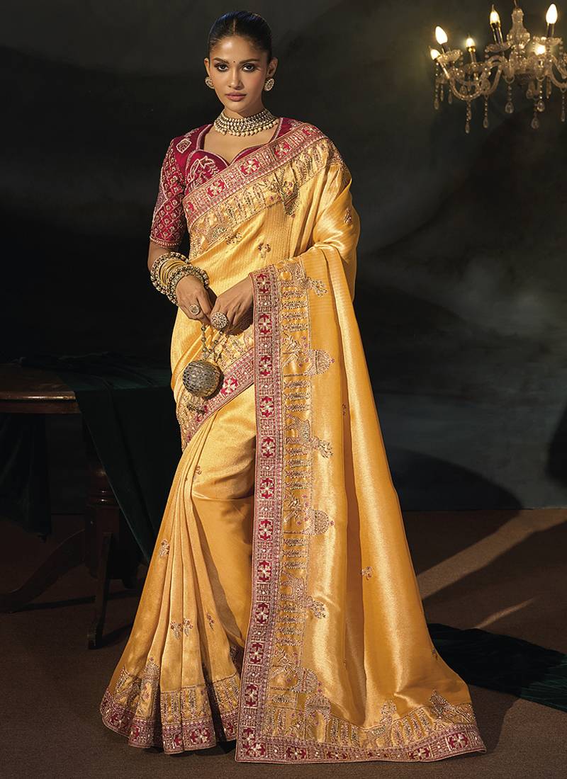 mustard madhurai silk blend saree with jari thread cut dana and moti heavy hand work