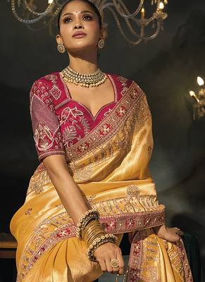 mustard madhurai silk blend saree with jari thread cut dana and moti heavy hand work 3