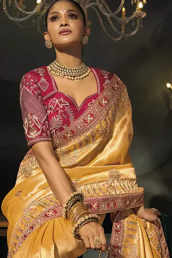mustard madhurai silk blend saree with jari thread cut dana and moti heavy hand work