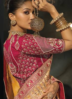 mustard madhurai silk blend saree with jari thread cut dana and moti heavy hand work 4