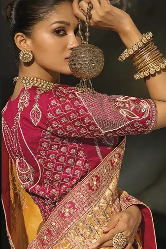 mustard madhurai silk blend saree with jari thread cut dana and moti heavy hand work