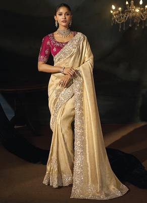 cream kanjivaram jacquard saree with jari sequence moti and cut dana heavy hand work 1