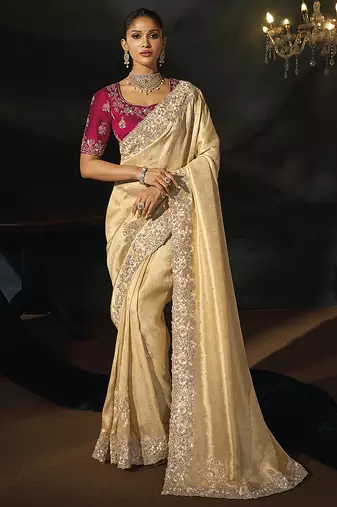cream kanjivaram jacquard saree with jari sequence moti and cut dana heavy hand work