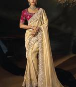 cream kanjivaram jacquard saree with jari sequence moti and cut dana heavy hand work