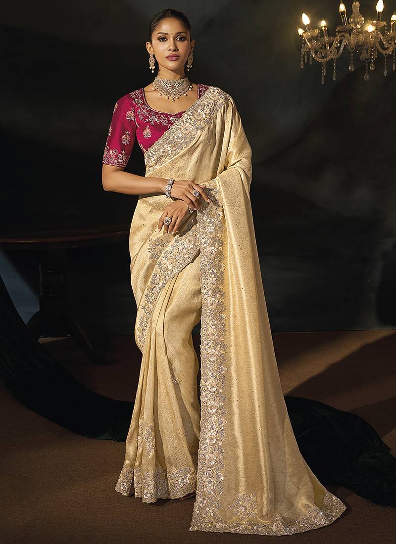 cream kanjivaram jacquard saree with jari sequence moti and cut dana heavy hand work