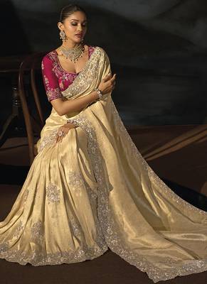 cream kanjivaram jacquard saree with jari sequence moti and cut dana heavy hand work 2